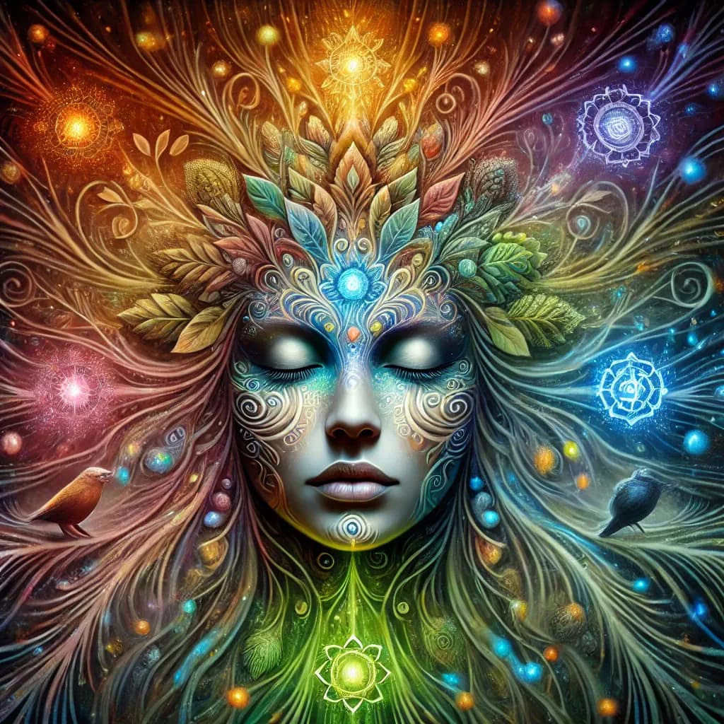 Visionary artwork of a serene face surrounded by plant spirits