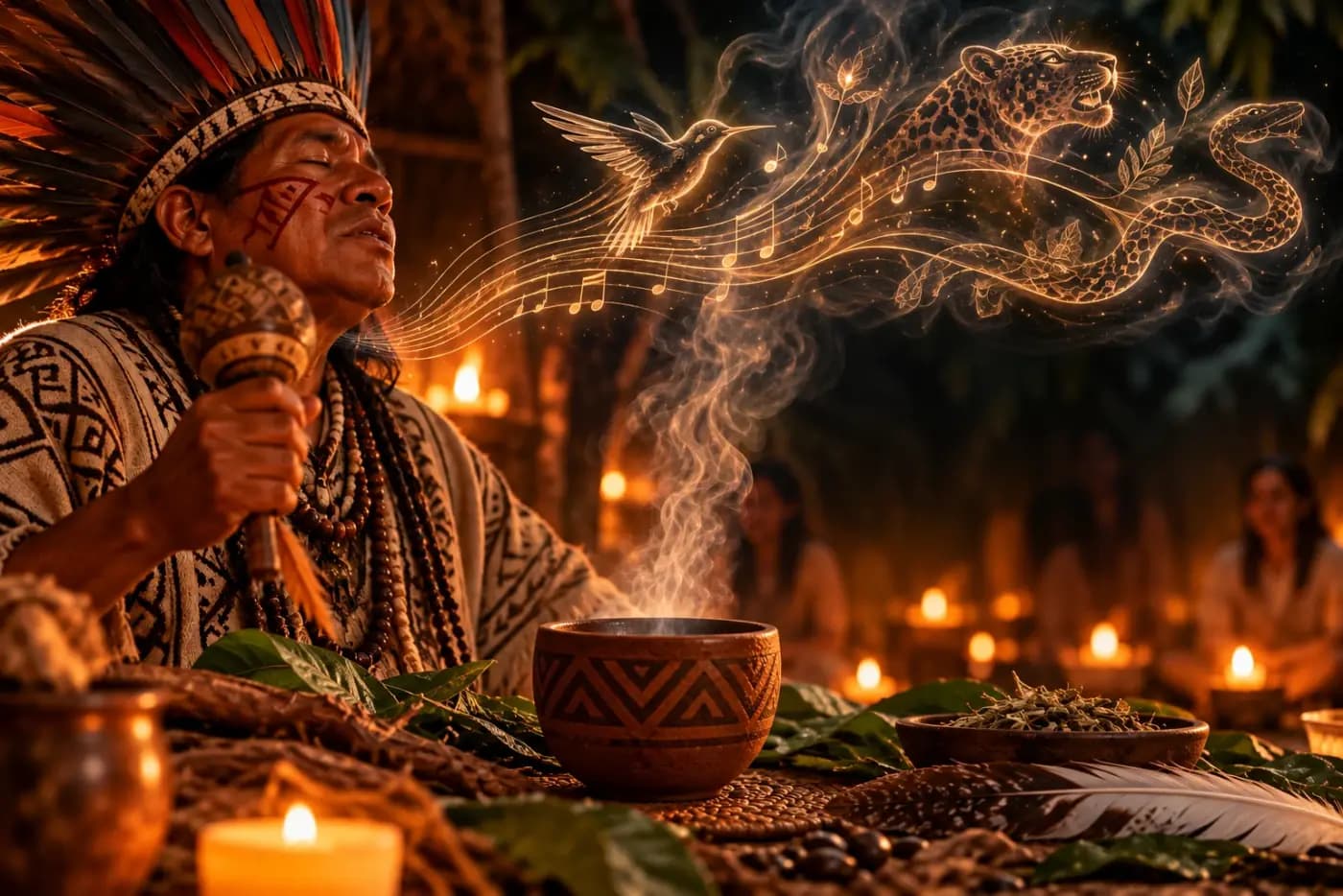 A curandero singing an icaro with a rattle beside the Ayahuasca cup, the song rising as hummingbird, jaguar and serpent